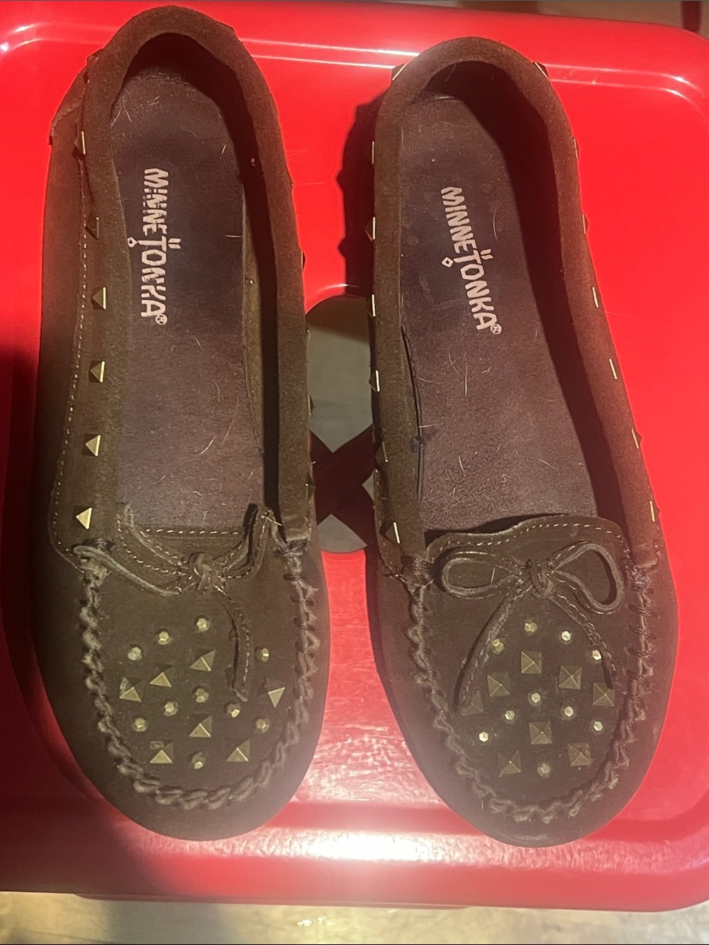 Minnetonka Brown Studded Suede Moccasin Flats